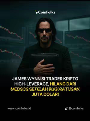 The image is a promotional graphic with a dark, cinematic aesthetic. The central figure is a man, resembling Keanu Reeves, wearing sunglasses and a dark suit, holding a black object that may be a briefcase. Behind him, there's a blurred, dark background possibly representing a data center or a similar tech-related environment, with lines suggesting charts or data visualizations. The color scheme is dominated by blacks, grays, and greens, with red accents in the background. The text overlay features bold, white and yellow fonts. A logo of CoinFolks in the top left corner, website and social media handles at the bottom of the image.