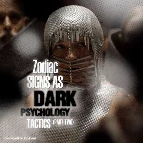 A person wearing a chainmail-like head covering and face mask. The background is dark and blurred, with text overlayed in white: "Zodiac Signs as Dark Psychology Tactics (Part Two)".