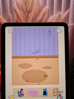 An iPad displaying a puzzle game interface. A blue wall with cracks is above a wooden floor with water stains. At the bottom, there are icons of a baby, a rug, a blue bottle, and a timer.