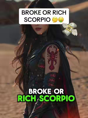 A person with long brown hair is seen from the chest up against a blurred desert background. She has a scorpion tattoo on her right arm. Overlaid text in white and green states 'BROKE OR RICH SCORPIO' with emojis. The bottom has the same text. A stack of money with wings floats near the right.