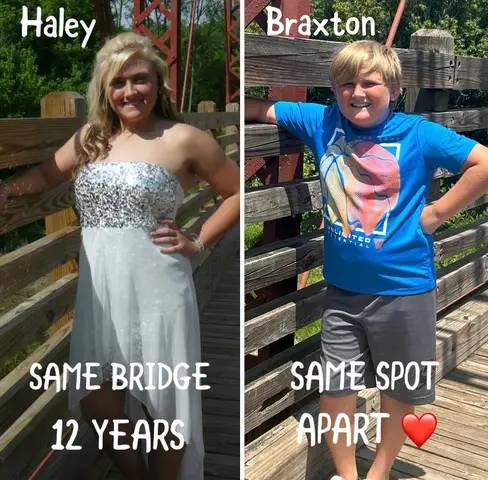 A split image featuring two photos of people standing on a wooden bridge. The left side shows a young woman in a prom dress posing, and the right shows a young boy in a t-shirt. Text overlays indicate Haley and Braxton identified in each.