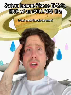 A man with curly brown hair looks directly at the viewer with a concerned expression. He has a white undershirt and is wearing white wired earphones. Behind him is a stylized image of Saturn and a celestial background with raindrops falling. Text overlays the image, providing context about the astrology-related subject.
