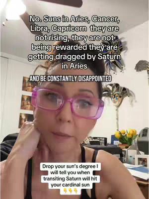 A woman with dark hair, and large pink glasses, is holding her hand near her chin and looking directly at the viewer. Text overlays with her analysis