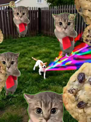 A whimsical, cartoonish image with a green lawn, wooden fence, a house in the background. Cats wearing red ties are scattered around. A small dog is running spraying a rainbow blast from it's mouth. Also large cookies are present.