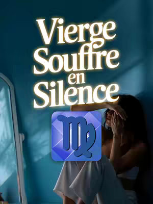 A woman sits against a blue wall, covering her face with her hands. Overlaid on the image are large, glowing yellow text, and a blue square with the Virgo symbol, suggesting themes of astrology and zodiac signs.