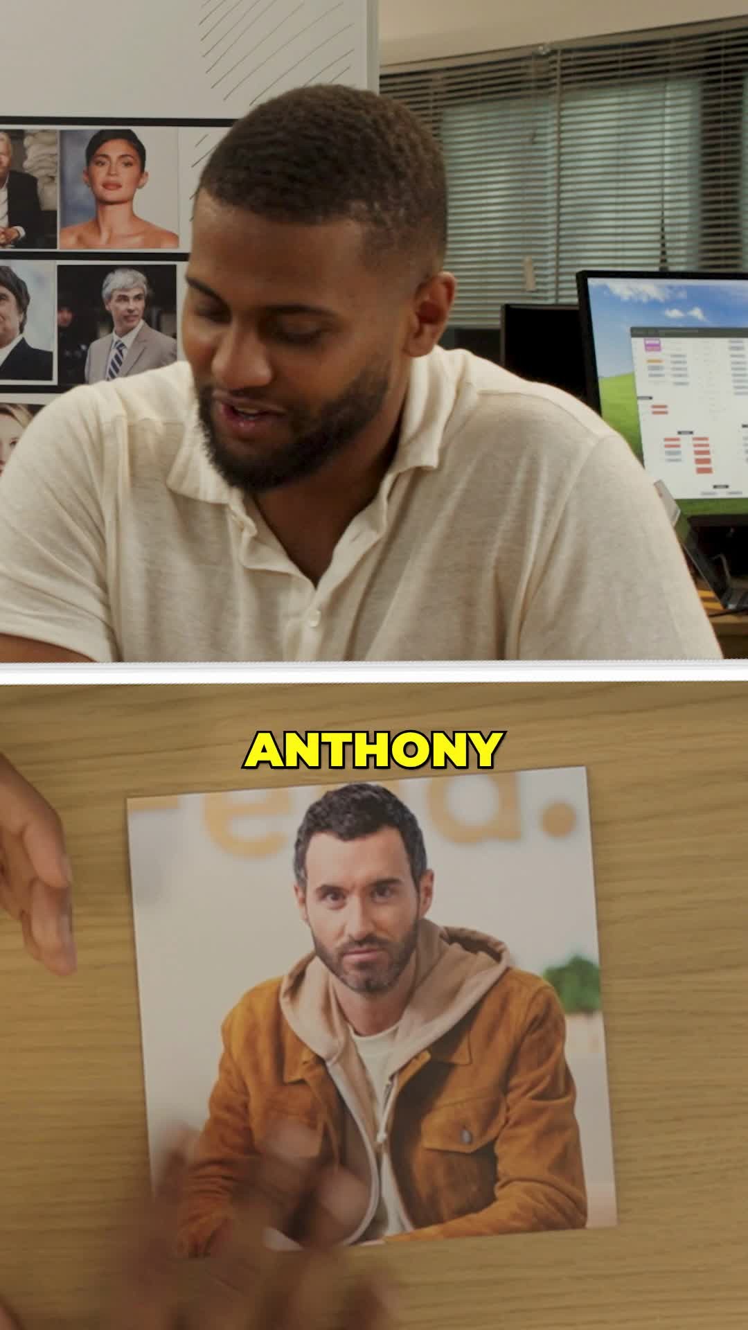 The cover image features two layers: the upper half showcases a man speaking or reacting, while the lower layer reveals a picture of Anthony Bourbon with the word 'ANTHONY' in a yellow text overlay.