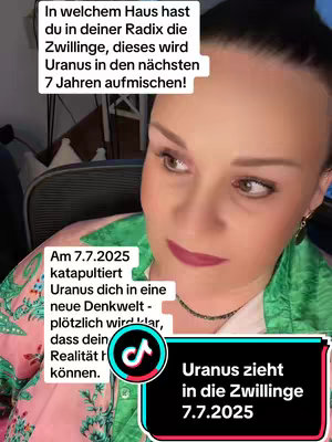 A woman with light skin and brown hair is centered in the image, looking towards the bottom right. She wears a patterned green and pink top and has dark lipstick. Text overlays include details about Uranus in the astrological sign of Gemini.