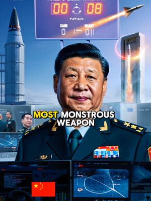 The image is a composite featuring Xi Jinping in a military uniform as the central figure. Behind him, there are multiple missiles launching, and digital displays with data are visible. There's also an added text overlay with the words 'MOST MONSTROUS WEAPON.'