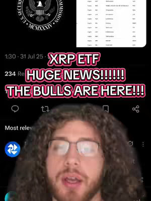 The cover image features a man with curly hair and glasses in front of a blurred background. Text overlays include the SEC logo, a chart, and a colorful text overlay with bold, attention-grabbing phrases such as 'XRP ETF HUGE NEWS!!!!!!' and 'THE BULLS ARE HERE!!!' indicating a financial news related theme.