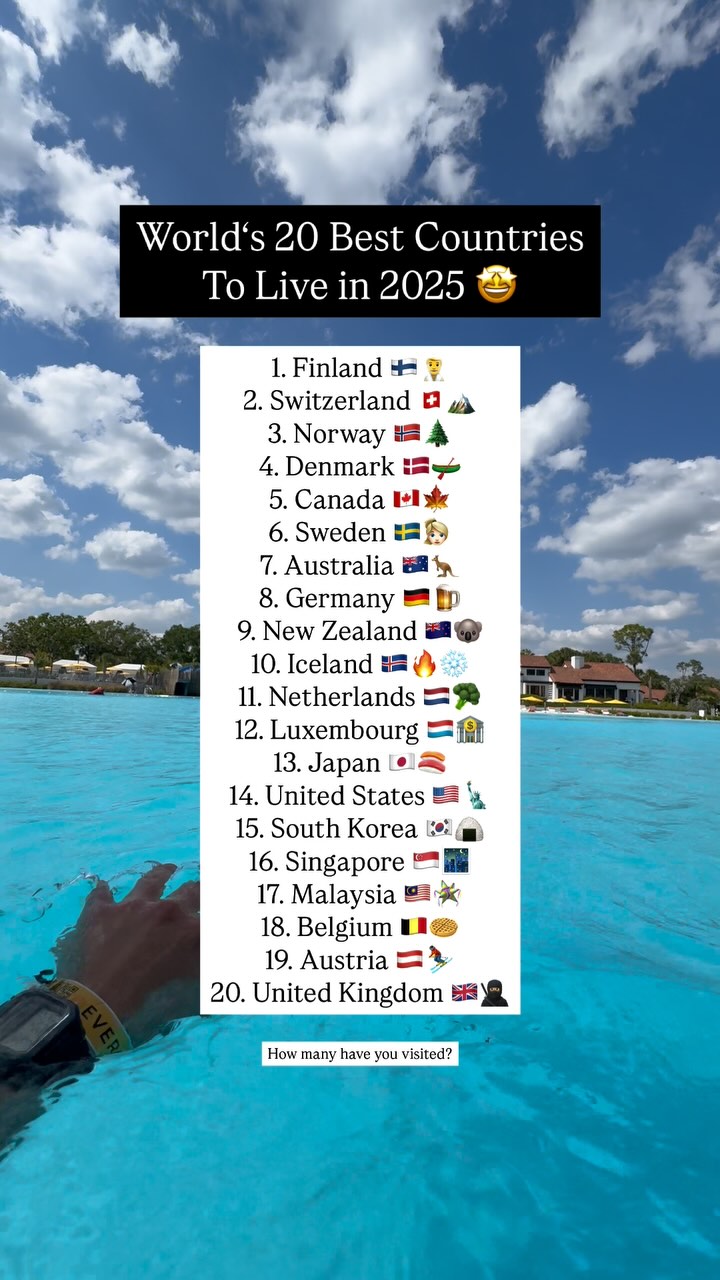 The cover image shows a list of 20 countries ranked from 1 to 20, presented against a backdrop of a swimming pool and a bright blue sky. The list is displayed in a white box with black text, ranking countries with associated emojis and flags next to each country's name. A hand with a wristwatch enters the frame into the lower left corner.