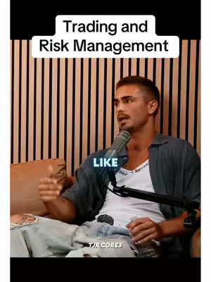 A man in a blue and white shirt sits on a cushion with a microphone close to his face. Above him is a phrase 'Trading and Risk Management.' A white text box with the word 'LIKE' in it is positioned in the lower third of the screen.