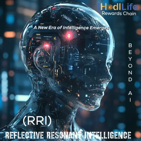 A futuristic digital artwork featuring a humanoid-like figure rendered in a translucent, metallic style. The figure has a smooth, reflective surface, with internal details suggesting complex technology such as circuits and glowing red lights. The background is blurred and abstract, with a blue and dark ambience. Text overlays include the brand name 'HodlLife' along with its 'Rewards Chain' and additional text describing the theme of the image. The composition is modern and technologically oriented with a focus on the profile of the digital human.