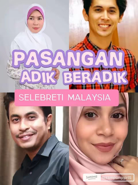 The cover image is a collage of four photos featuring two pairs of individuals presented as siblings. The top-left photo shows a woman in a white headscarf. Adjacent to her is a man smiling, wearing a red and black checkered long-sleeve shirt. Below these, on the left, is a man in a black shirt. The bottom right photo shows a woman in a headscarf smiling. Text overlays say "PASANGAN ADIK BERADIK" and "SELEBRET MALAYSIA". 