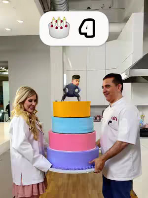 The cover image shows a multi-tiered cake being held by two people, with the word "4" and a cake emoji overlaid. The cake has a small figure on top, and the overall composition is set in a well-lit, professional-looking kitchen.