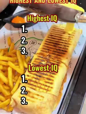 The image features a plate with a wrap sandwich, fries, and a side of orange sauce. Overlaid are lists labeled "Highest IQ" and "Lowest IQ", each followed by numbered slots.