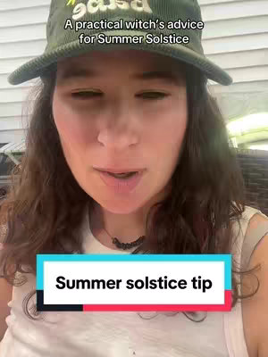 The cover image features a woman in a green cap, facing the camera directly. The top half of her face is visible, with a soft, slightly blurred background suggesting an outdoor setting. Overlay text reading 'Summer solstice tip' in a white sans-serif font on a fuchsia background with a black border.