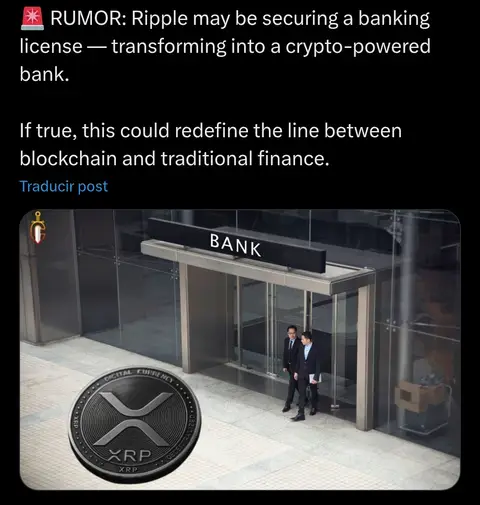 An image depicting a modern building entrance with two men in suits walking towards it. A large XRP cryptocurrency coin is in the foreground, superimposed on the image. The word "BANK" is prominently displayed above the entrance. The composition suggests a connection between the cryptocurrency and traditional banking.