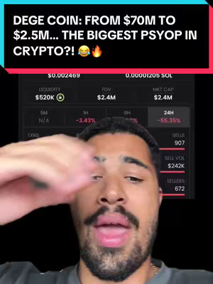 A selfie-style video cover image featuring a man in the foreground with a black background. The man, who appears to be of mixed race, has short, dark hair and a trimmed beard. He has his mouth open as if speaking or reacting to the information. Overlaid at the top, a black banner contains white text that reads 'DEGE COIN: FROM $70M TO $2.5M... THE BIGGEST PSYOP IN CRYPTO?!' emojis are added at the end of the sentence.