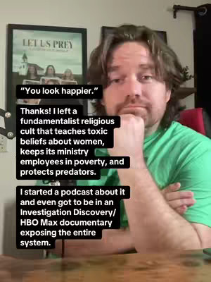 The cover photo shows a man in a green shirt looking towards the camera. The text overlay features the phrase, 'You look happier,' positioned above a block of text describing the creator's background and the video content.