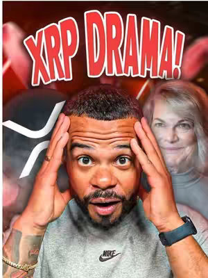 A cover image featuring a man with an expression of concern, holding his hands to his head. Overlaid across the top is a red text overlay reading "XRP DRAMA!". Behind him are blurred images of the the Ripple logo symbol and another person.