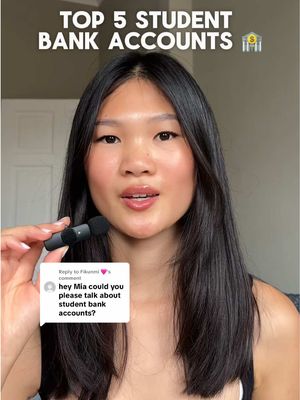 A young woman is holding a microphone, appearing to speak. The background is a neutral, possibly a light-colored wall. The top overlay of the image has the text 'TOP 5 STUDENT BANK ACCOUNTS'. A speech bubble is from a comment on the original video from the user “Fikunmi”.