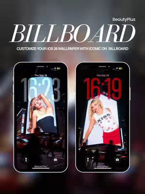 The cover image features two smartphones side-by-side. On the left screen, the lock screen displays the time '16:23' over a photo of a woman in a strapless top, seemingly on a billboard. The right screen mirrors this layout, but the time is '16:19' and the woman wears a 'KISS' top over a red bottom. The screens are set against an abstract dark background.