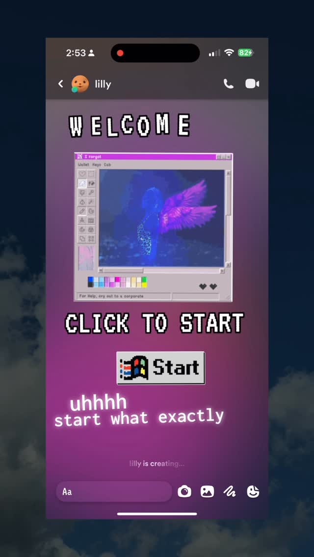 A phone screen displays a chat interface with a purple background and overlaid text in a pixelated font. A Windows XP-style window with a surreal image is partially visible. Text overlays read 'WELCOME', 'CLICK TO START', and other chat-related prompts.
