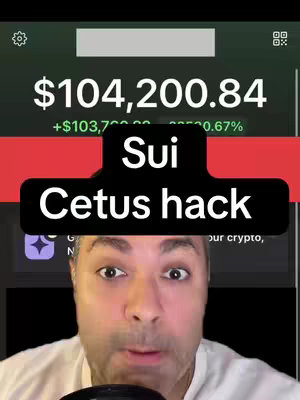 A man is shown in a close-up shot with a mobile app screen visible in the background. A colored banner with the text "Sui Cetus hack" is overlaid on the image.