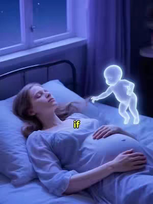 The image shows a pregnant woman lying in bed asleep, with a bright, ethereal baby-shaped figure hovering nearby. The scene is bathed in a soft, blue light, creating a dreamlike atmosphere. The word "if" is overlaid on the image in yellow.