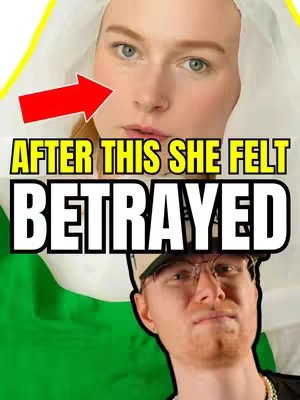 The image is a vertical split screen showcasing two individuals. The upper portion features a fair-skinned woman with red hair wearing a white head covering, her expression is serious. A large red arrow points towards her face. Below, a man with red hair and a backwards baseball cap with glasses looks directly at the viewer, with a neutral expression. Text overlays the image in yellow and white, describing a narrative.