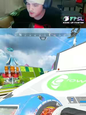 The cover image is a split-screen showcasing a video game interface in the bottom half and the streamer's face in the top half. The streamer is a young man wearing a white hat and headphones. The game screen shows an in-game view with a blue sky and buildings, and some directional markers on the top. The FPSL logo is placed in the top right corner.