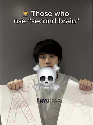 A young man with dark hair holds up two sheets of paper. Above him is text. A skull emoji with crossbones replaces his mouth, and both papers have large letter 'A' drawn in them. The background is a plain gray wall.