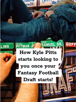 The image shows a person interacting with a fantasy football draft board. Overlay text highlights the phrase: "How Kyle Pitts starts looking to you once your Fantasy Football Draft starts!"