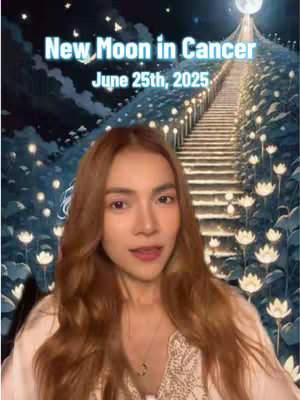 A woman with long brown hair is centered featuring a soft white top. In the background, a surreal landscape depicts a staircase leading up to a full moon, with stylized trees and glowing lights. The foreground has blooming flowers.