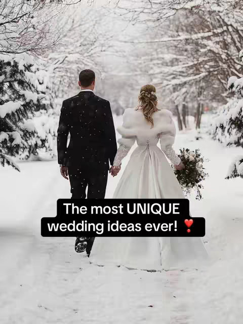 A couple walks through a snowy, tree-lined path, holding hands, viewed from behind. The woman wears a wedding dress, and the man is in a suit. A text overlay in a black box highlights the theme.