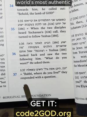 The image shows an open book with text from the New Testament. The text contains Hebrew and English and is the focus. A black overlay at the bottom reads 'GET IT: code2GOD.org'.