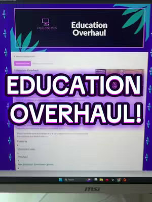The cover image shows a computer monitor displaying a webpage or software interface that has the text "Education Overhaul" overlaid in large, bold, white letters with a purple outline. The background seems to be a user interface with text and buttons, all within a purple and teal design that looks modern and digital. The arrangement suggests the video is about reviewing or promoting this educational software.