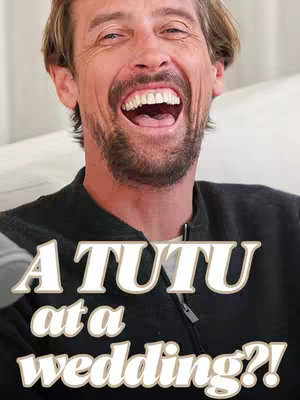 A close-up shot of a smiling man with short, light brown hair and a beard. The man is wearing a black zip-up jacket. Overlayed on the image is text in a bold, white font.