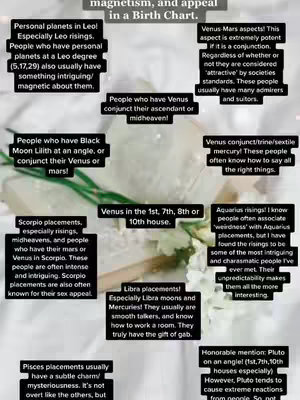 The image is a graphic presenting information about astrology with text on a white background, decorated with a few white flowers. Text boxes of varying sizes, in black font, are arranged in a layout. One box reads: 'magnetism, and appeal in a Birth Chart,' above the rest which provide details about astrological aspects of a birth chart.