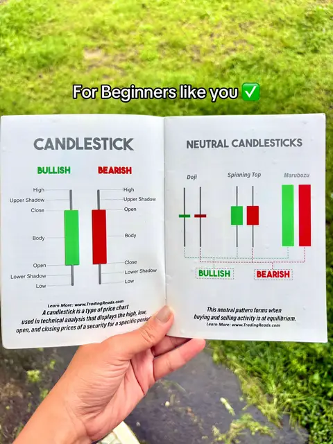A person is holding open a book about candlestick trading charts. The person is holding the book in front of green grass. The open book has the title "Candlestick" on one page with diagrams of bullish and bearish candlestick patterns. The other page is titled "Neutral Candlesticks" with diagrams like Doji, Spinning Top diagrams. The book’s color is mostly white background. The colors used for the diagrams are mostly green and red. The text overlay at the top reads, “For Beginners like you”, with a green checkmark.