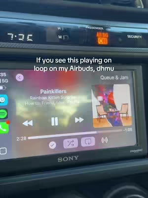 The cover image shows the interior of a car with a music player screen displaying the song "Painkillers" by "Rainbow Kitten Surprise". The image is a close-up inside the car, showing the dashboard with the time displayed, and a warning light active. The text covers the music playlist information with a clear, readable font, against a background that shows the app interface with options for play/pause, skip, and volume. The screen is the focus, suggesting a drive or music-related theme.