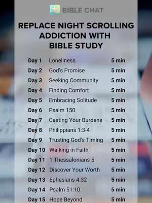 The image features a vertical layout with a gradient background of soft blue and white hues. The words 'BIBLE CHAT' are at the top. Below, bold, dark text reads, "REPLACE NIGHT SCROLLING ADDICTION WITH BIBLE STUDY."