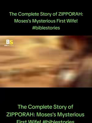The cover image features a black background for the title text. The title text is in a light green font, and contains the words "The Complete Story of ZIPPORAH: Moses's Mysterious First Wife!" with "#biblestories" below. There is a logo in white on the top left corner. Underneath the top title text is an abstract brown and yellow blurred background. On the bottom the title text is included again.