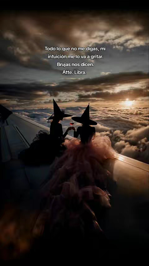 The image displays a serene scene featuring two silhouetted figures, presumably women dressed in flowing gowns and witch hats, positioned over a layer of clouds set against a backdrop of a sunset. The figures on the cloud base are positioned on what appears to be the wing of a plane. They are holding glasses and are looking at each other. The sky transitions from shades of orange to dark purple.
