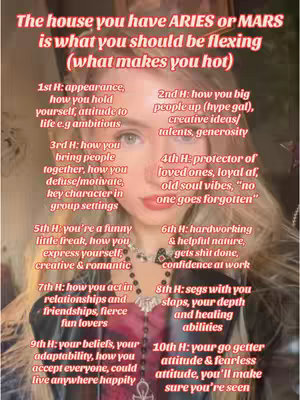 A selfie-style image featuring a fair-skinned person with long blonde hair. The person is centered in the frame, with text overlaid that appears to be a guide discussing different houses in astrology and how they relate to Aries or Mars. The image is lit with a soft, warm light. There is a necklace and a patterned top. The background is blurred