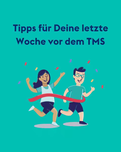 An illustration featuring two cartoon figures, a woman and a man, running towards the finish line. The woman is on the left with dark hair and a light blue top and shorts. The man is to her right wearing glasses and a dark green shirt and shorts. They cross a red ribbon, confetti is falling around them and the background is a solid teal color. Text appears at the top in a dark blue font.