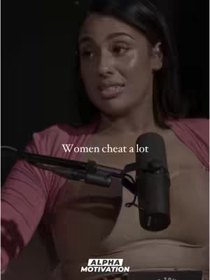 A woman with dark hair is speaking into a microphone, set against a dark background. Text overlayed on the image reads, "Women cheat a lot."
