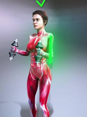 A digitally rendered image of a woman in a semi-transparent anatomical body, holding dumbbells. The muscles are highlighted in red against a translucent skin tone. One arm has a green highlight over it, presumably to indicate proper form. A green checkmark appears in the upper left corner. The image has a gradient grey background.