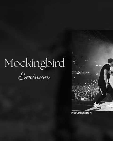 A black and white image featuring the words "Mockingbird Eminem" in elegant white script on a solid black background, overlaid on a concert scene. The right side of the image shows Eminem performing onstage with a crowd of people. The stage is illuminated, with bright lights.