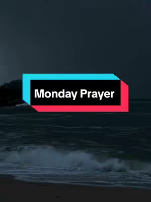 A vertical image of a dark seascape at dusk. The sky is a deep indigo, and the water is a dark, choppy gray. The horizon is obscured by a bank of dark clouds. In the foreground, a sandy beach meets the water. Centered on the image is a rectangular text overlay that reads "Monday Prayer". The text is white against a black background, and the background is framed by a cyan border at the top and a red border on the bottom